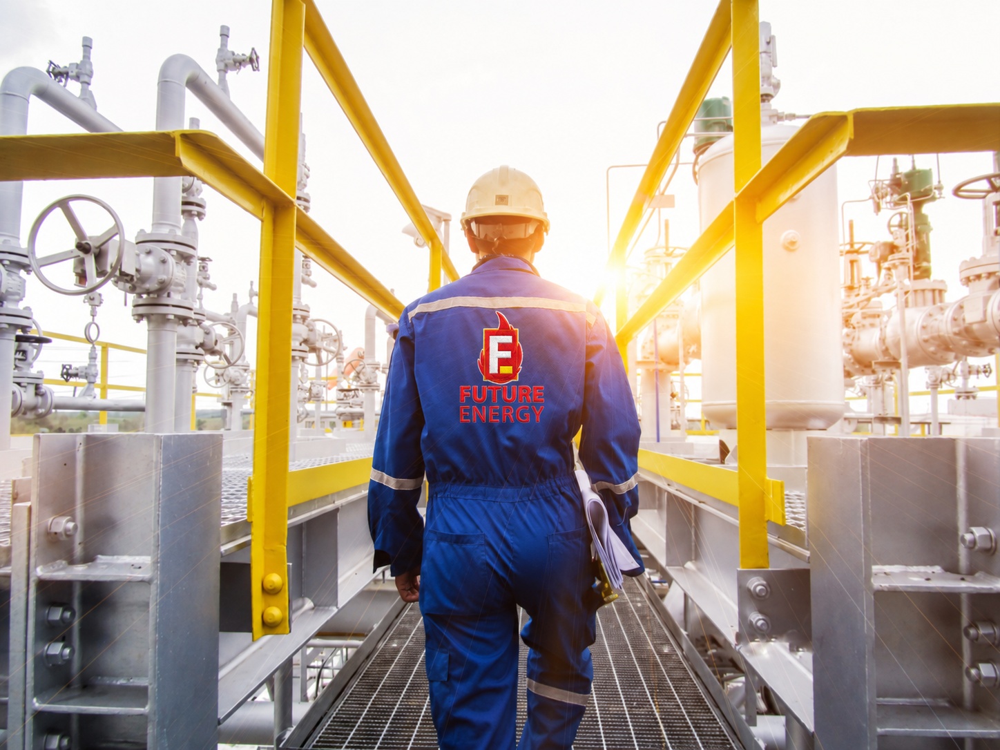 Illustrative back-facing engineer with digitally edited Future Energy branding